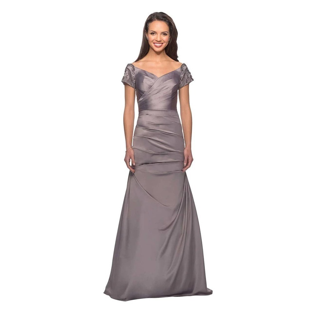 NEW LA FEMME Women's Silver Rouched Waist Formal Gown Dress Size 4